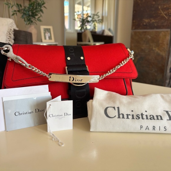 Vintage Rare CHRISTIAN DIOR Rouge Red Black Fabric Hardcore Shoulder Bag - Picture 14 of 16